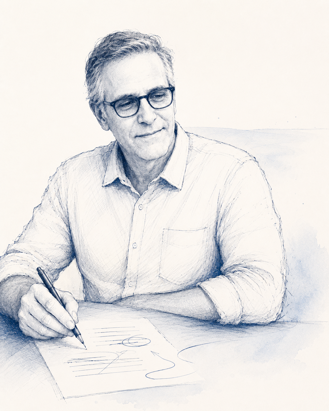 Illustration of Joel Scott thoughtfully revising a page